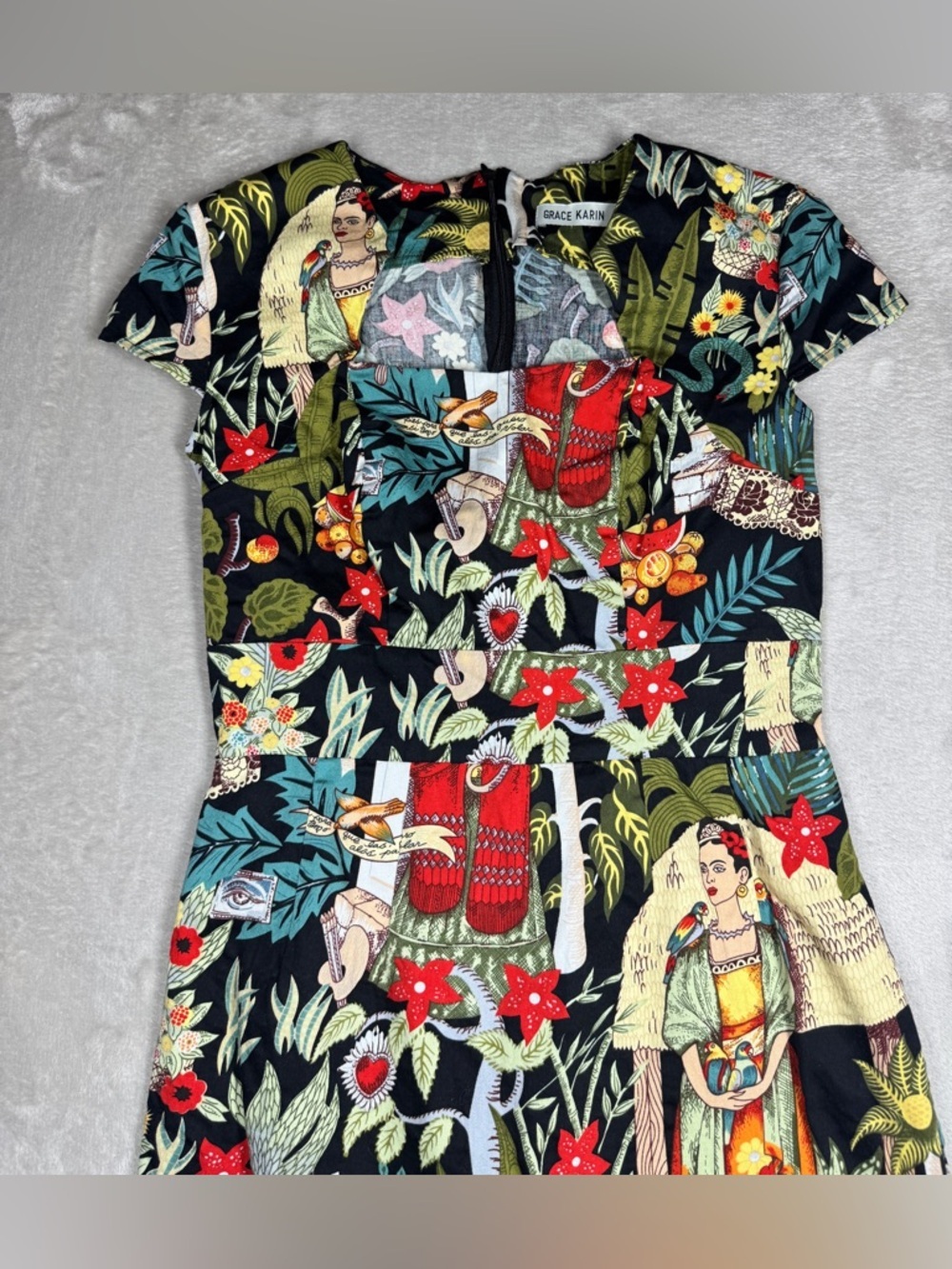Grace Karin Frida Kahlo Tropical Floral Retro Rockabilly Black Red Dress Size S - Picture 3 of 16